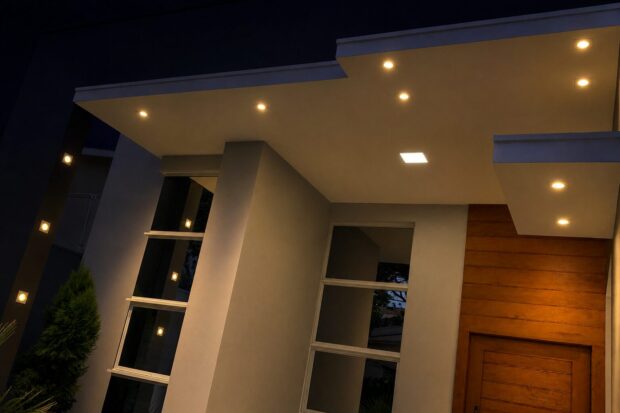 Fachada residencial moderna iluminada com spots mr16 com caixa de embutir spot mr16 e par20 da Plasled.